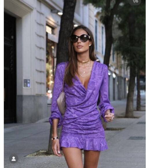 Zara Purple Wrap Front Mini Dress Long Sleeve Floral Embossed Print V-Neck Small - Picture 1 of 13